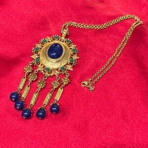 Vtg 60s Byzantine Etruscan Style Pendant Blue stone Gold like Pauline Rader